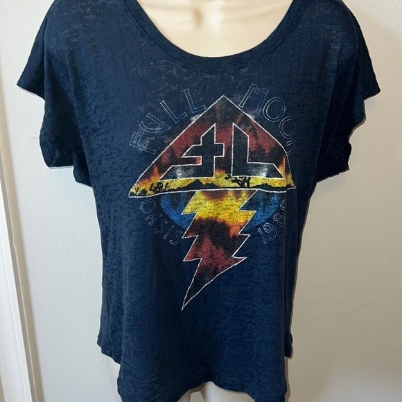 Women's Buckle Doe Full Moon Oasis 1989 Short Sleeve Blue Burn Out‎ Tee L - Picture 1 of 4